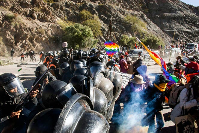 Demonstrators confronting riot police during a protest against a province constitutional reform, in Purmamarca, province of Jujuy, Argentina, on June 17, 2023. 