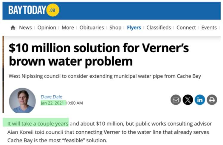 May be an image of 1 person and text that says 'BAYTODAY .ca News Opinion More Obituaries Shop Flyers Classifieds Connect Events $10 million solution for Verner's brown water problem West Nipissing council to consider extending municipal water pipe from Cache Bay Dave Dale Jan 22, 2021 10:00 10：00AM A It will take a couple years and about $10 million, but public works consulting advisor Alan Koreii toid council that connecting Verner to the water line that already serves Cache Bay is the most "feasible" solution.'