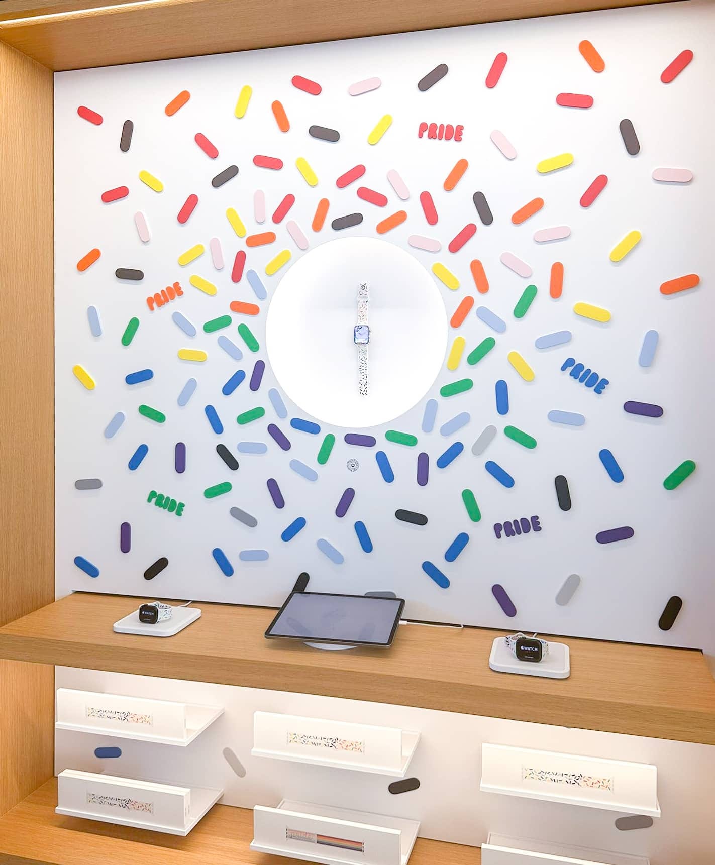 The Apple Watch Pride bay at Apple Park Visitor Center. The design is a reinterpretation of the version found at other stores.
