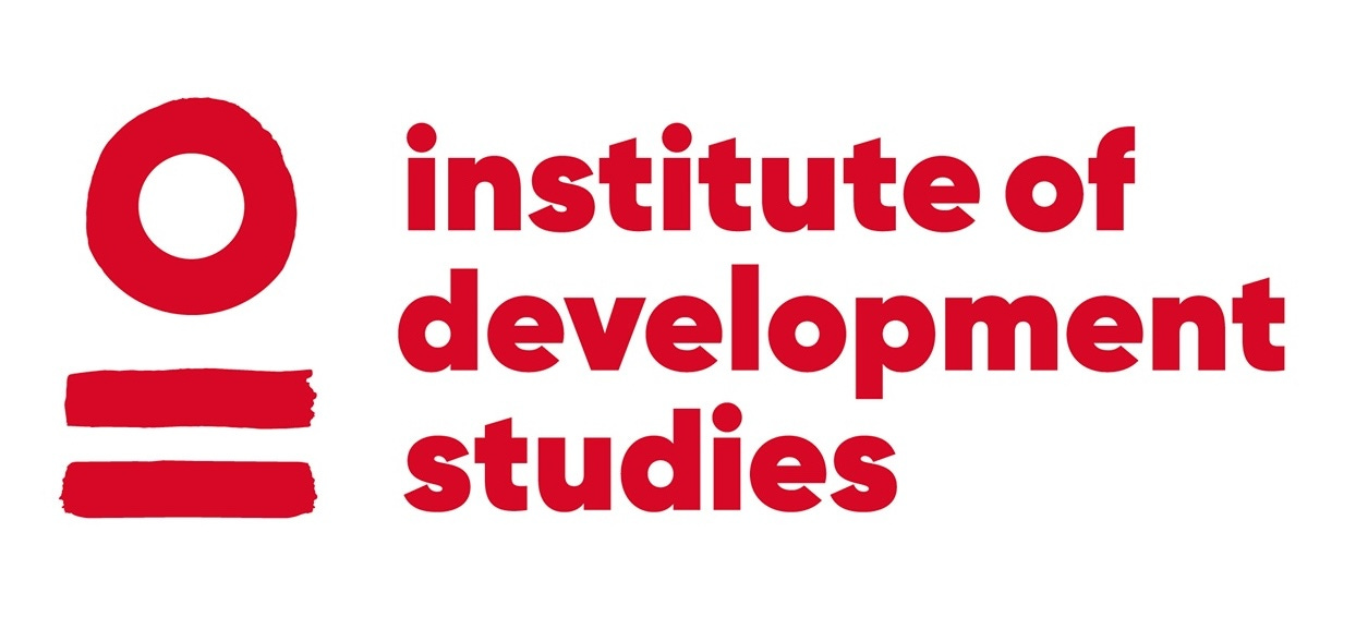 The Institute of Development Studies logo, wih with a circle over two horizontal lines, rendered in red in a paintbrush-style font