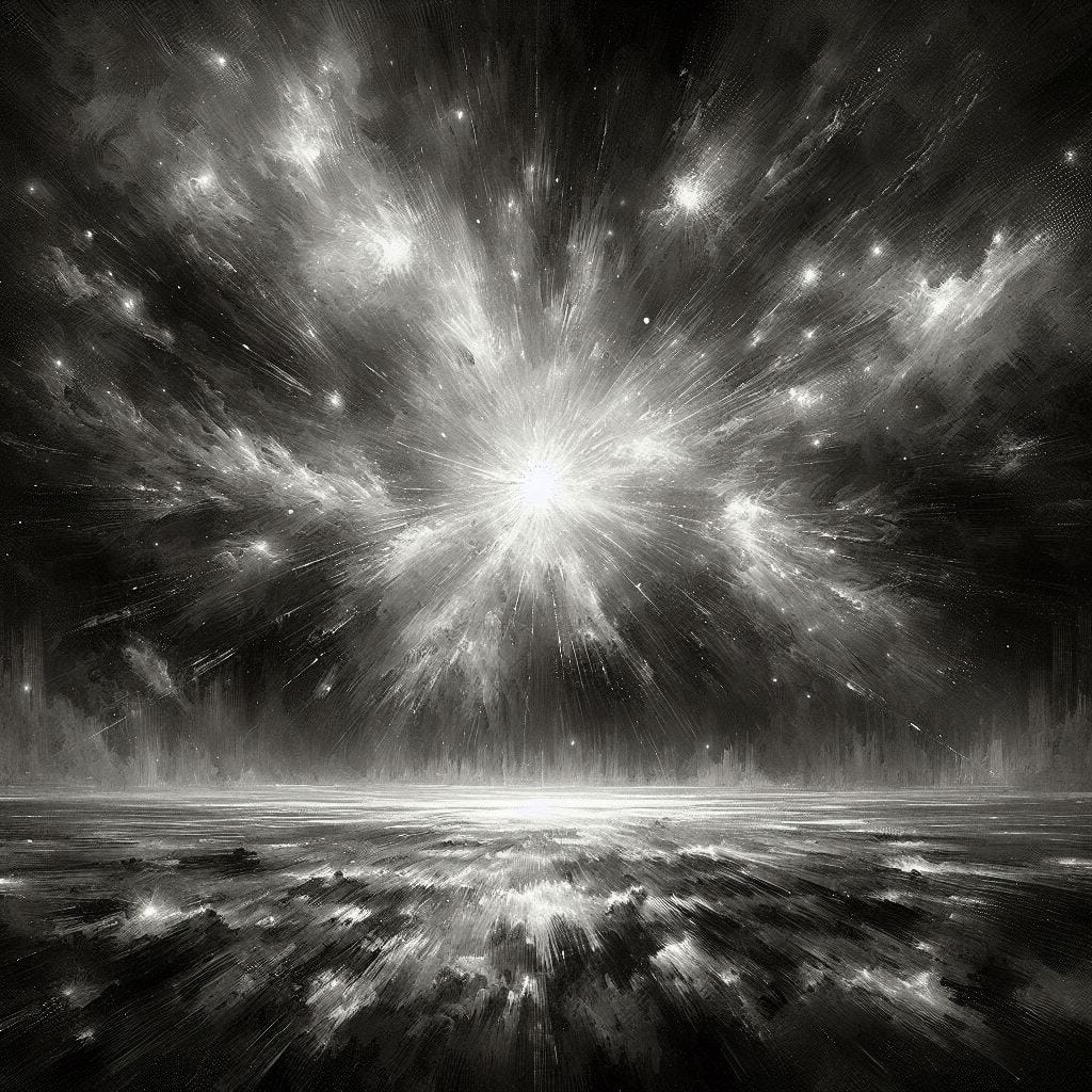 AI generated monochrome painting of the singularity in which one possible universe manifests