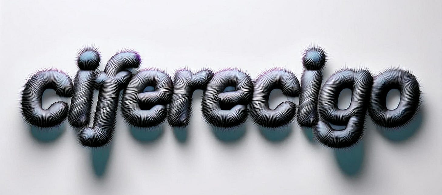 ciferecigo written with fluffy, black fur, on a white background