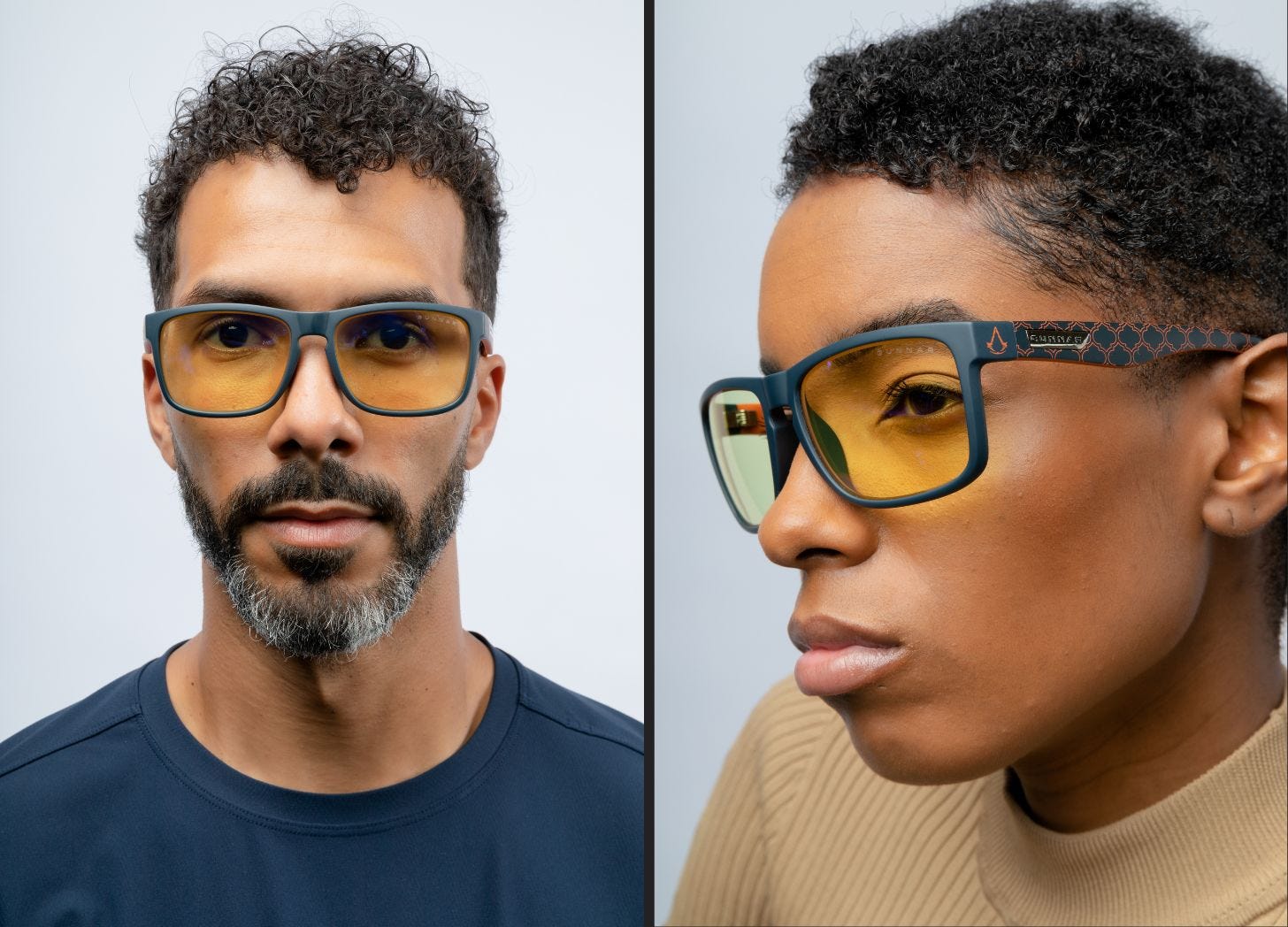Two people modeling the Gunnar Optiks Assassin's Creed Mirage Edition glasses