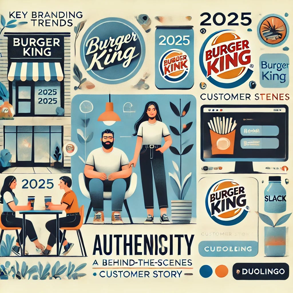 A modern and visually appealing illustration showcasing key branding trends for 2025. The graphic features a minimalist and clean logo design, bold typography for a tagline, a sleek mobile-friendly website interface, and a vibrant color palette balanced with neutral tones. The concept should include visual examples of authenticity, such as a behind-the-scenes depiction or customer story integration, with elements inspired by recent rebrands like Slack, Burger King, and Duolingo. This should look professional and trendy, ideal for a marketing presentation.