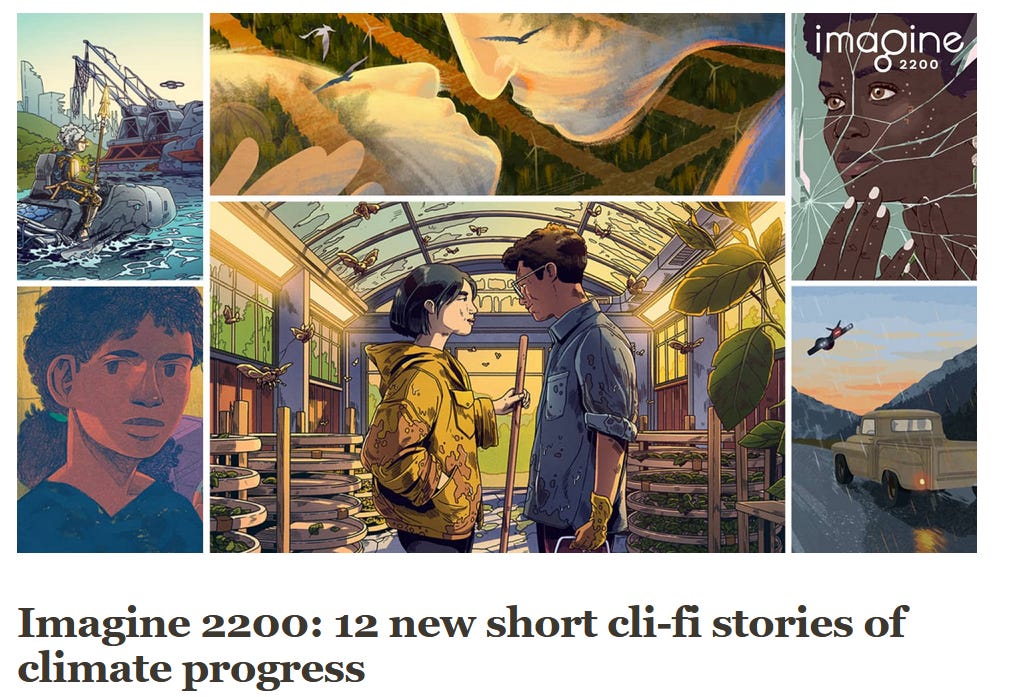 collage of images from the Imagine 2200 stories titled "Imagine 2200: 12 new short cli-fi stories of climate progress