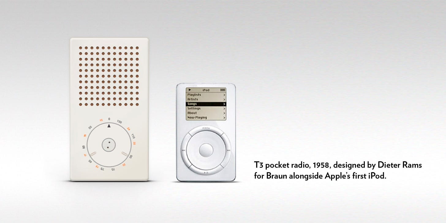 T3 pocket radio, 1958, designed by Dieter Rams for Braun alongside Apple’s first iPod.