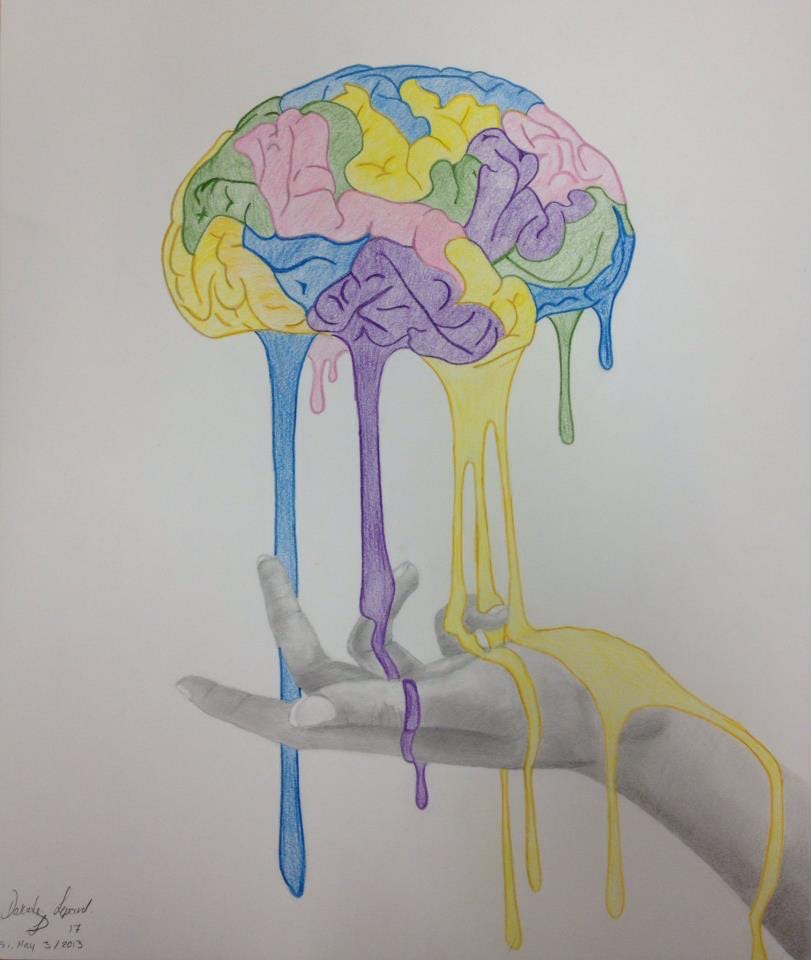 A multicolored pencil drawing of a brain dripping blue, purple, yellow, and green from the different lobes onto a grey hand that is catching the drippings.