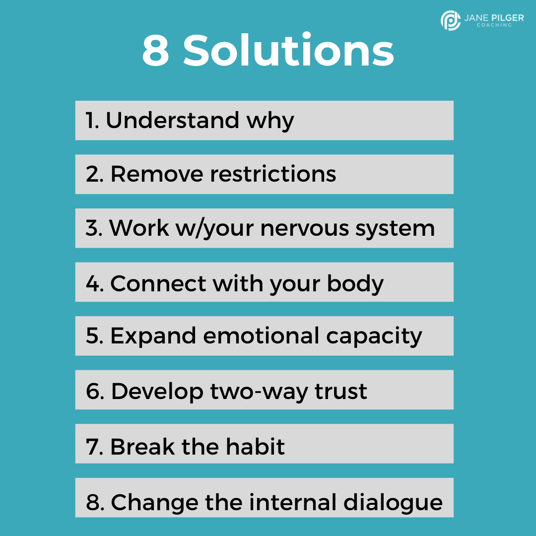 List of 8 solutions to food issues as follows: understand why, remove restrictions, work with your nervous system, connect with your body, expand emotional capacity, develop two-way trust, break the habit, and change the internal dialogue.