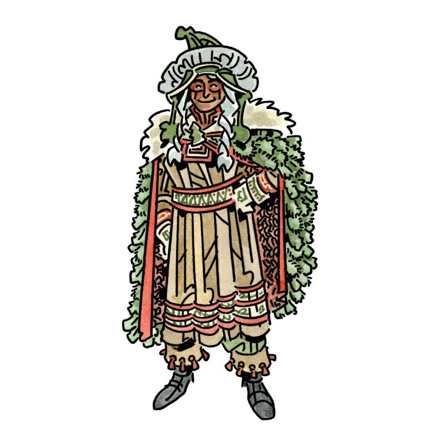 Watercolored ink drawing of a woman with light brown skin and braided white hair, a tall green cap with ear flaps ringed in fur on her head, wearing a long buckskin tunic trimmed with red and green embroidery and black boots whose tan interior is flapped over, with red tassels hanging from them. Her cloak is made from the tips of evergreen boughs stitched to a red lining.