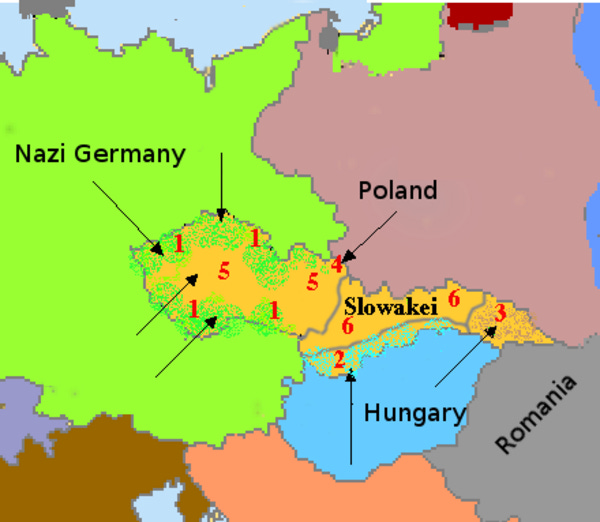 1. Nazi Almanyası Ekim 1938'de Südet bölgesini işgal etmiştir. 2. Macaristan Kasım 1938'de imzalanan Birinci Viyana Ödülü gereğince, Macar azınlıklarının oturduğu Slovakya’nın güney kısımının üçte biri ve Karpat Rutenyası’nın güney kısmı olmak üzere sınır bölgesini işgal etmiştir. 3. Karpat Rutenyası özerkliğini kazanmıştır. 4. Polonya Ekim 1938'de Polonyalı azınlıkların oturduğu Zaolzie bölgesini işgal etmiştir. 5. Geri kalan Çek toprakları Mart 1939'da Nazi Almanyası’nın uydu devleti Bohemya ve Moravya Protektorası olmuştur. 6. Çekoslovakya’nın kalıntılarından Slovakya Cumhuriyeti yaratılmış ve Nazi Almanyası’nın uydu devleti olmuştur.