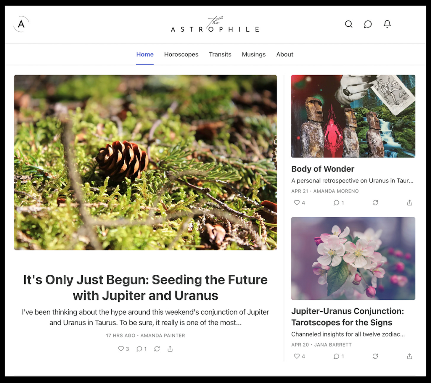 A look a the homepage for The Astrophile on Substack. It highlights three recent articles and their corresponding photos. Check it out!