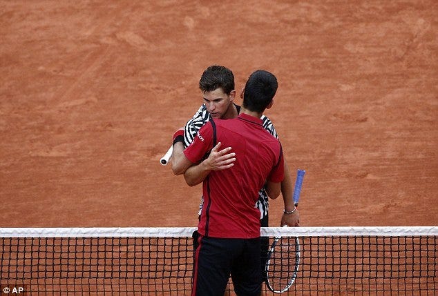 novak djokovic hugging dominic thiem at french open 2016