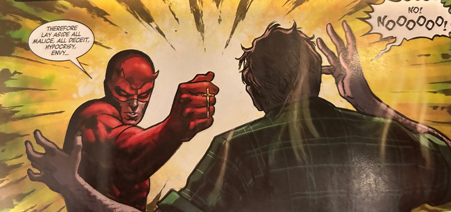 Image of panel showing Daredevil holding a cross out to Ben Urich