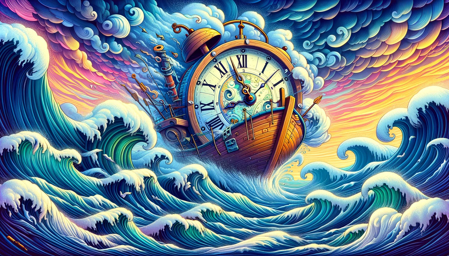 An image of a boat made out of a large clock navigating stormy seas, in a widescreen aspect ratio, depicted in a colorful, whimsical style 