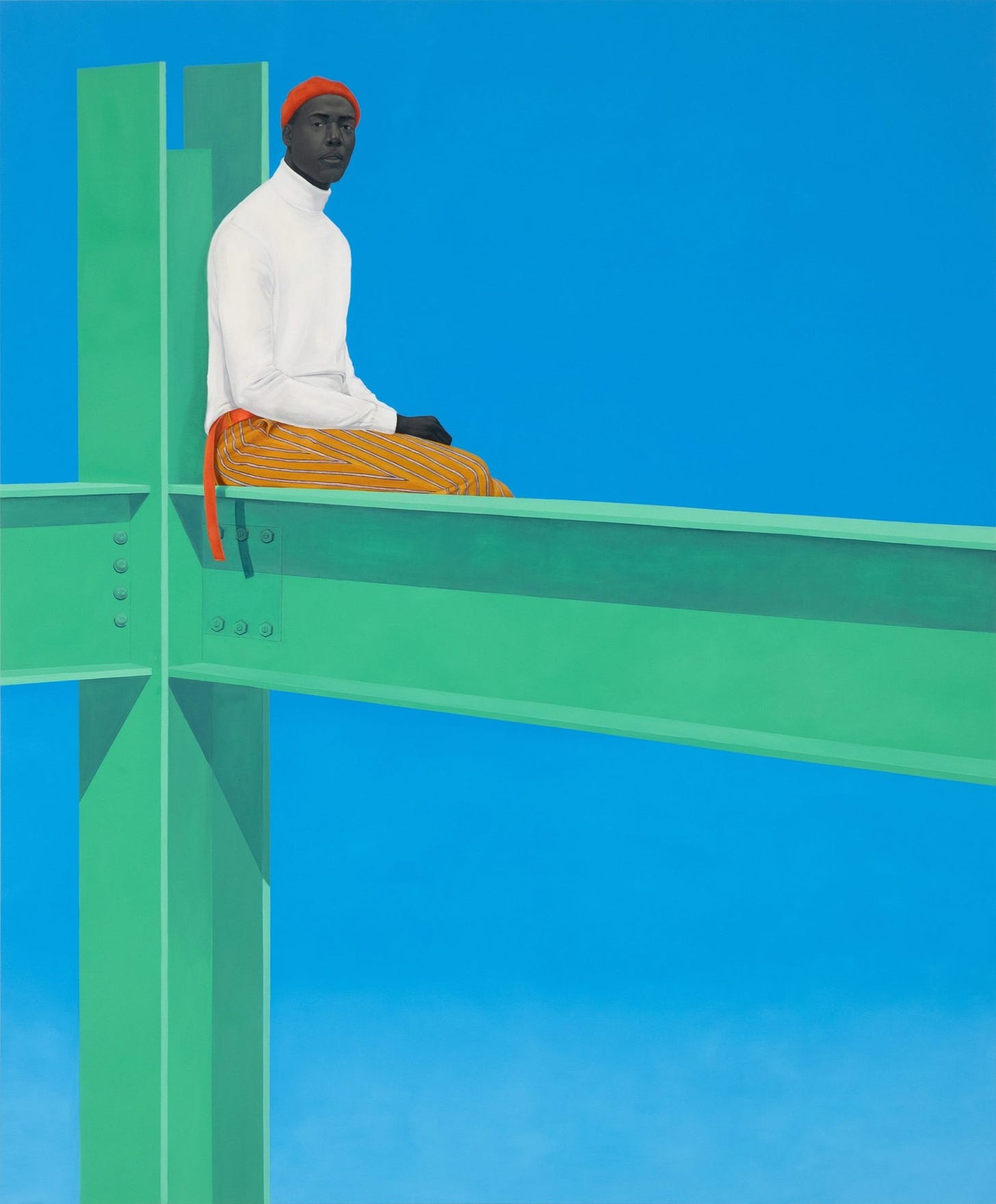 A gray-black man is sitting on dark mint green beams intersecting and cutting across a perfectly blue sky. The figure and the cross section of the beams are in the upper left hand corner of the painting leaving enough space in the composition for him to take flight at any moment. 