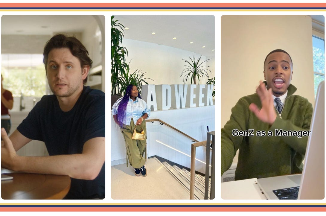 Three screenshots of social videos from  Atlassian, Sprout Social, Robert Half. On the far left is actor Zach Woods, in the middle is creator Jayde Powell and on the right is creator DeAndre Brown or Corporate Baddie as he's known