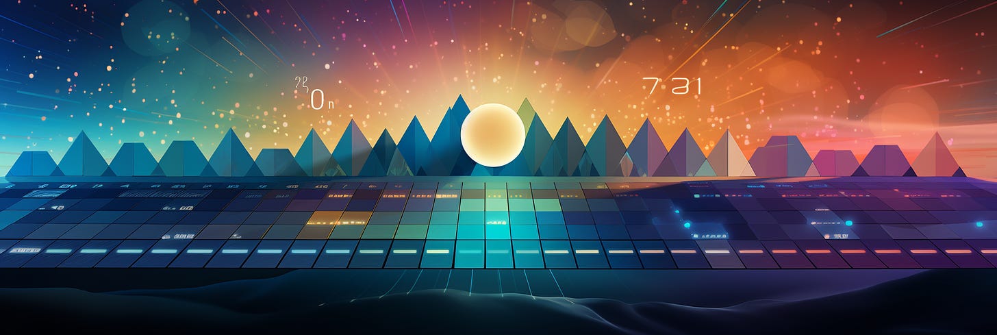 This panoramic image features a stylized landscape transitioning from night to day. In the foreground, there are triangular shapes resembling mountains, overlaid on a grid with various scientific or mathematical symbols and notations. The grid seems to represent a data chart or a timeline. In the background, the sky transitions from a starry night on the left, with a notation "2^n," to a sunrise or sunset on the right, marked by "7_31" near a central glowing circle, possibly the sun. The scene is filled with light flares and bokeh effects, suggesting a digital or virtual reality. The overall composition blends elements of nature with abstract data visualization.