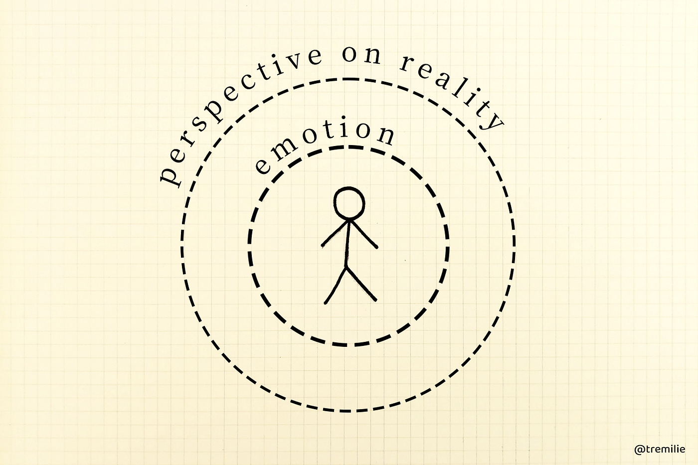 Drawing of a stick figure inside a circle labelled “emotion”, which is inside a bigger circle labelled “perspective on reality”.