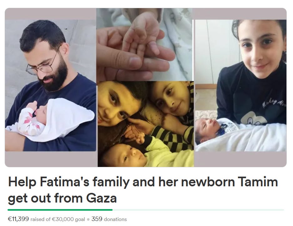 GoFundMe header for “Help Fatima’s family and her newborn Tamim get out of Gaza”, which has photos of Fatima’s children and partner.