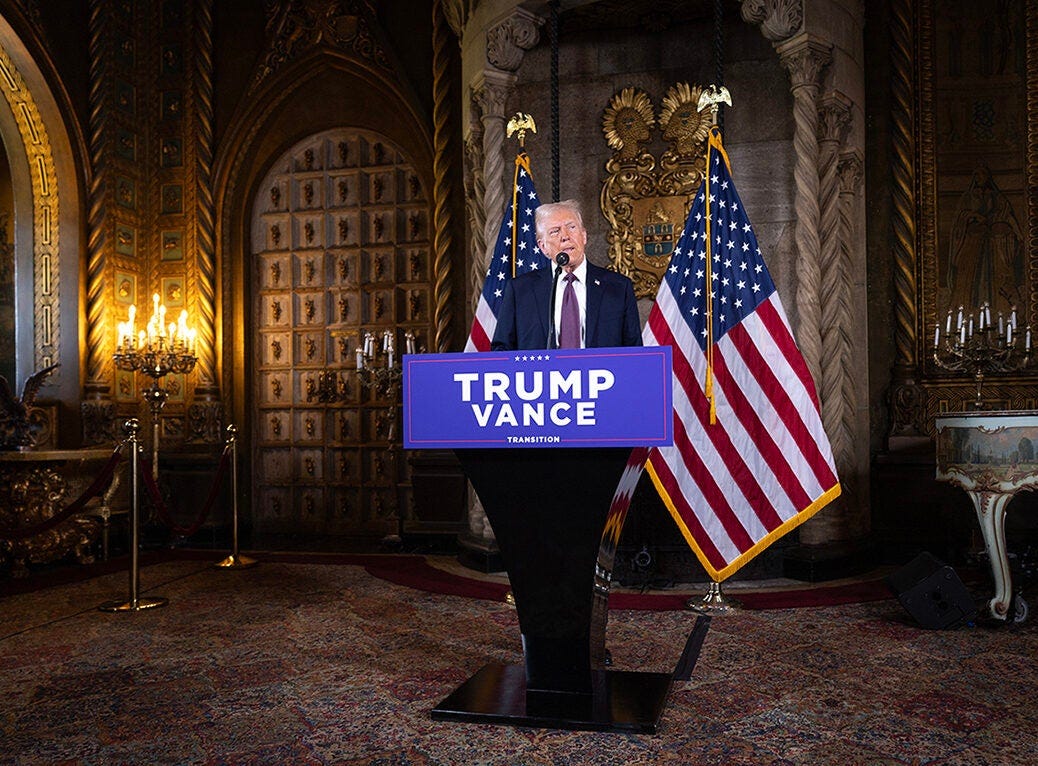 Donald Trump speaks to members of the media during a press conference at the Mar-a-Lago Club.