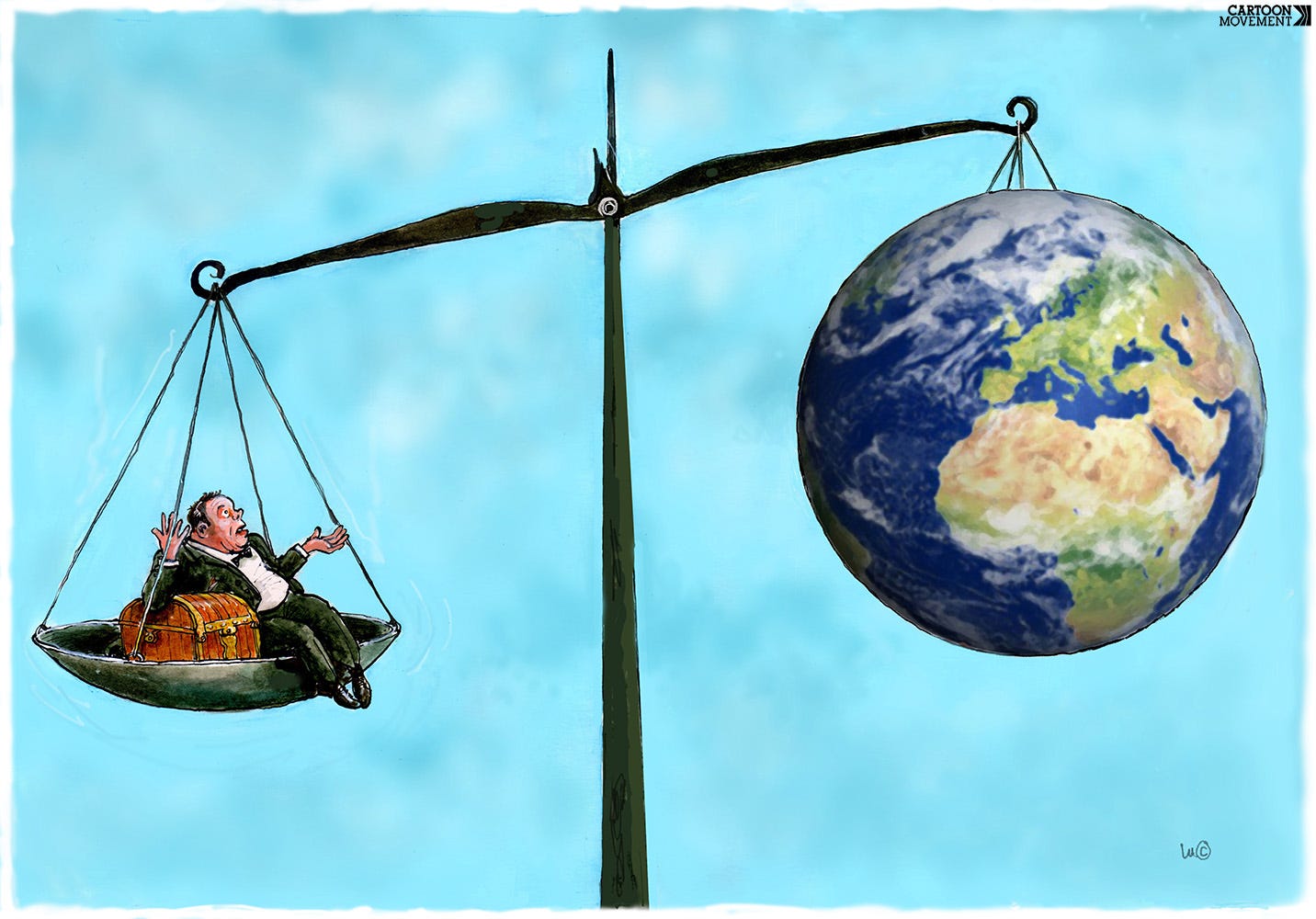 Cartoon showing scales. On the one side, we see a rich man with a treasure chest; on the other, the planet earth. The accumulated wealth of the rich man weighs more than the planet.