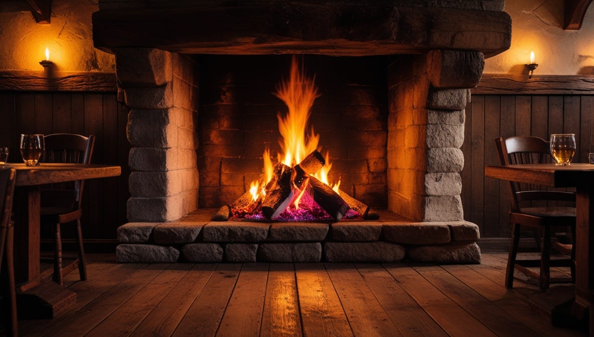 A warm, golden-lit roaring fireplace crackles with flames that dance across the stone hearth, casting a cozy glow on the worn, wooden floors of an ancient tavern, where the scent of roasting meats and old ale wafts through the air, surrounded by rustic, oak tables and chairs, adorned with the patina of centuries, while flickering torches on the walls cast shadows on the wooden wainscoting, and the sounds of laughter, music, and clinking glasses fill the atmosphere, as the fire's warmth beckons patrons to gather 'round, sharing tales and making memories on a cold winter's night.