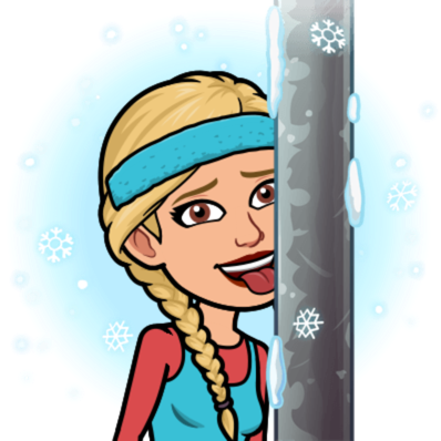 Bitmoji of the author in the snow with her big mouth open and her tongue stuck to the frozen flagpole.