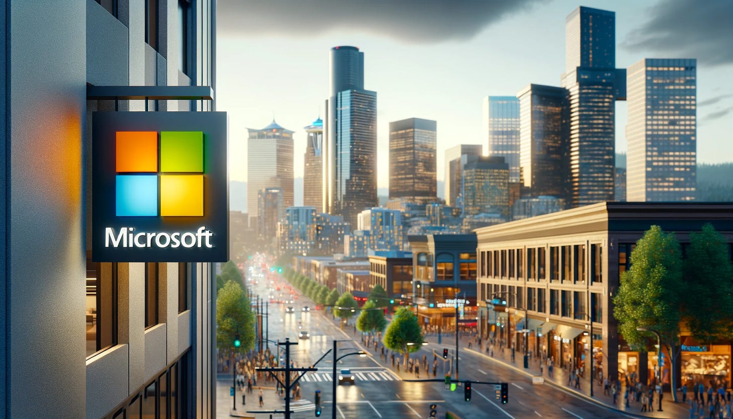 An image depicting the Microsoft logo displayed on a storefront in Seattle. The scene should capture the essence of Seattle's urban environment, with a focus on the Microsoft logo prominently featured on the storefront. The setting should include typical elements of a city street in Seattle, like modern architecture, busy sidewalks, and a vibrant city atmosphere, with the Microsoft logo clearly visible and central in the composition.
