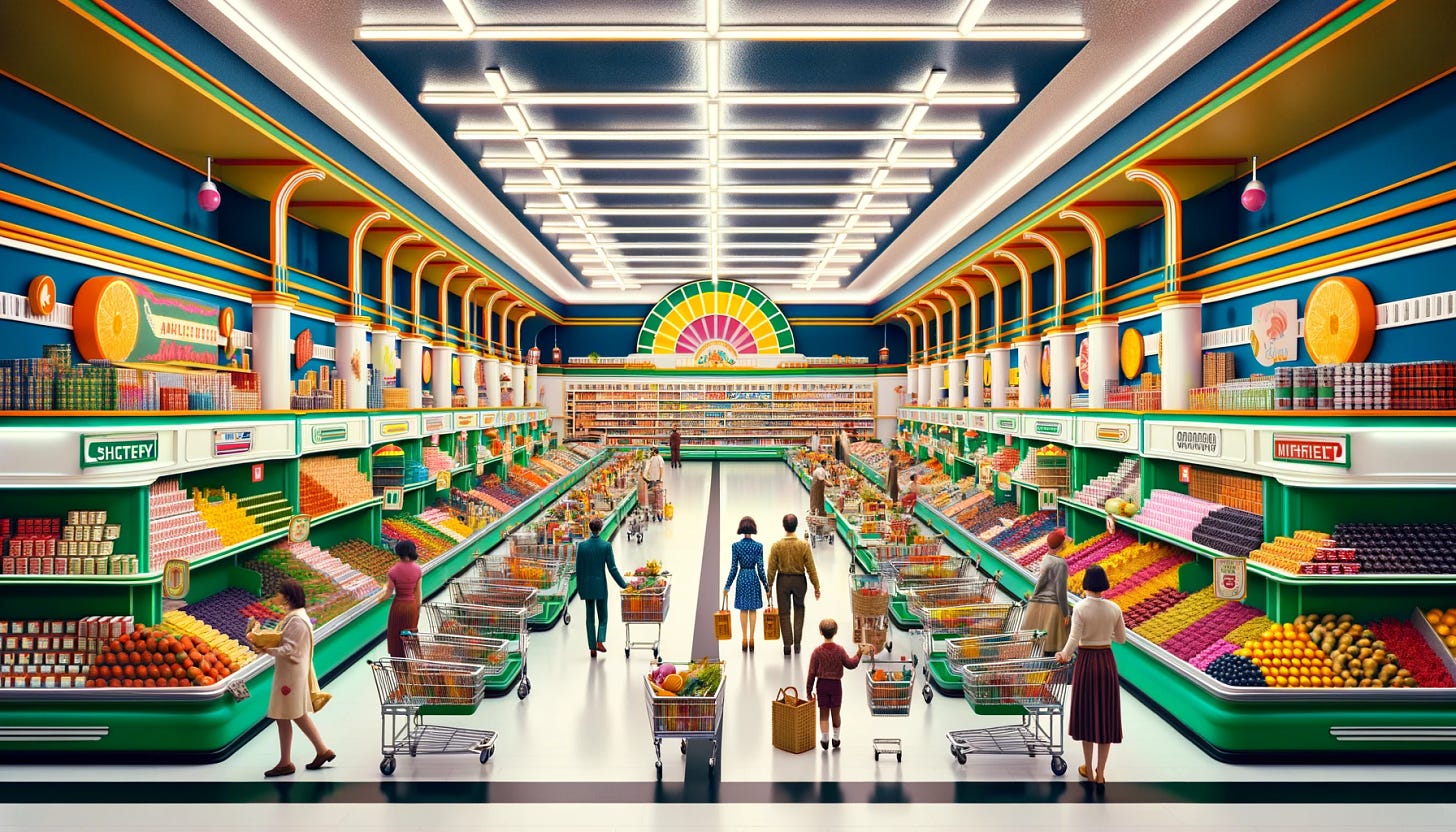 Create an image in a style reminiscent of Wes Anderson's cinematography, featuring a supermarket scene. The supermarket is designed with symmetrical aisles, vibrant color palettes, and meticulous attention to detail. Shoppers, including families, are browsing through the aisles, pushing carts filled with colorful groceries. The overall composition reflects Anderson's unique visual style, with a quirky and whimsical atmosphere. The supermarket's interior is adorned with retro-inspired decor, and each element, from product displays to signage, is arranged with precision and symmetry, evoking a sense of orderly charm.
