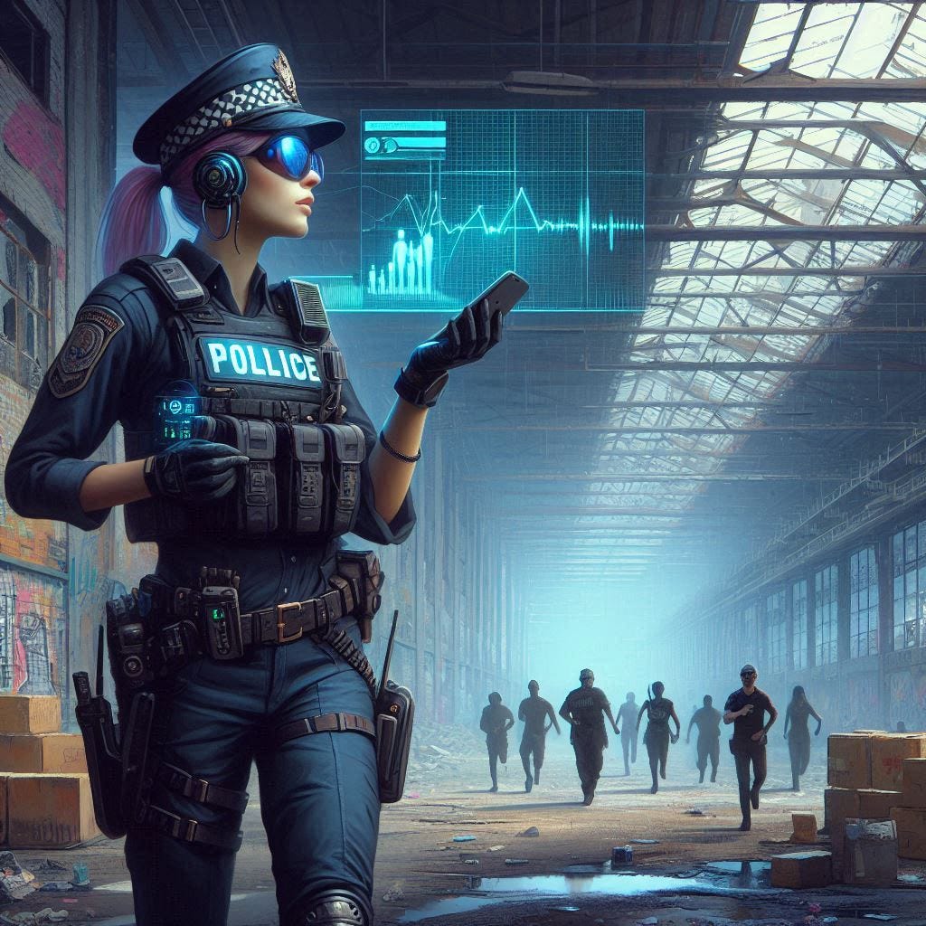 a police woman officer in front of an abandoned warehouse holding a phone with people on a radar, cyberpunk drawing