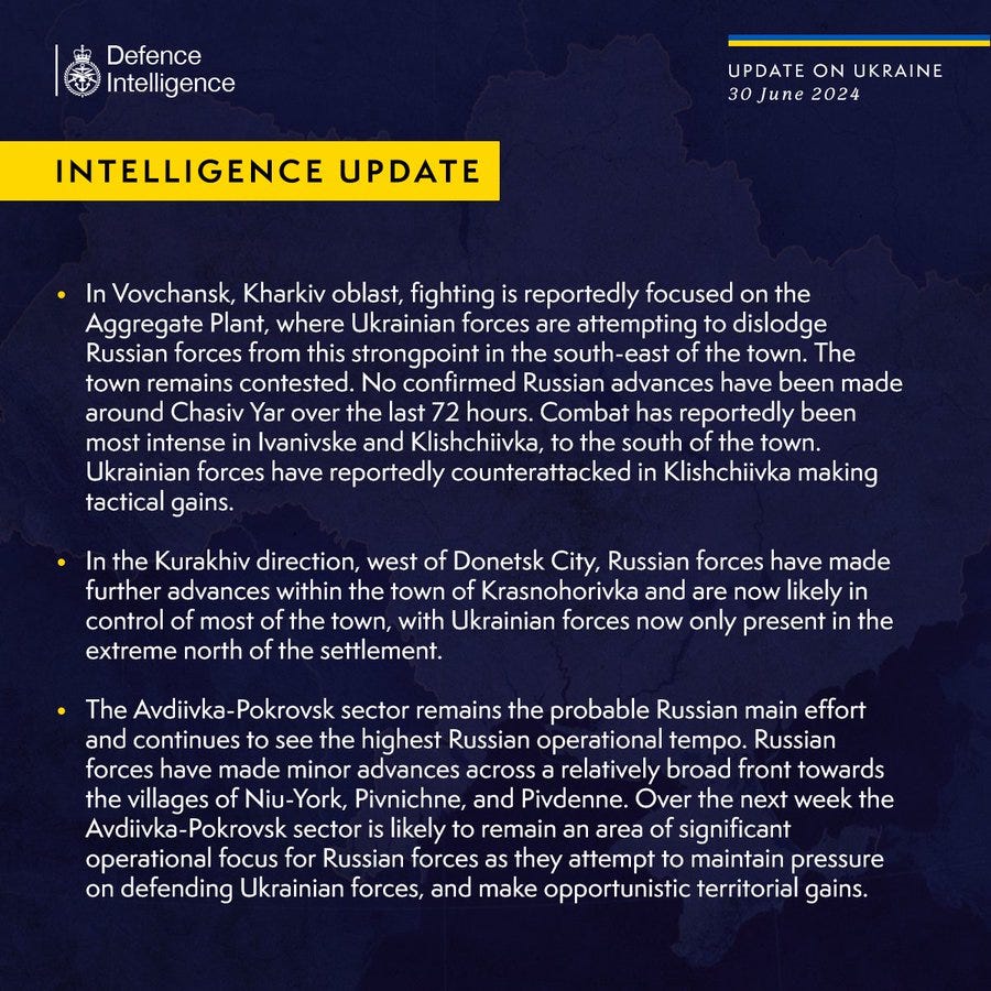 In Vovchansk, Kharkiv oblast, fighting is reportedly focused on the Aggregate Plant, where Ukrainian forces are attempting to dislodge Russian forces from this strongpoint in the south-east of the town. The town remains contested.
No confirmed Russian advances have been made around Chasiv Yar over the last 72 hours. Combat has reportedly been most intense in Ivanivske and Klishchiivka, to the south of the town. Ukrainian forces have reportedly counterattacked in Klishchiivka making tactical gains.
In the Kurakhiv direction, west of Donetsk City, Russian forces have made further advances within the town of Krasnohorivka and are now likely in control of most of the town, with Ukrainian forces now only present in the extreme north of the settlement.
The Avdiivka-Pokrovsk sector remains the probable Russian main effort and continues to see the highest Russian operational tempo. Russian forces have made minor advances across a relatively broad front towards the villages of Niu-York....