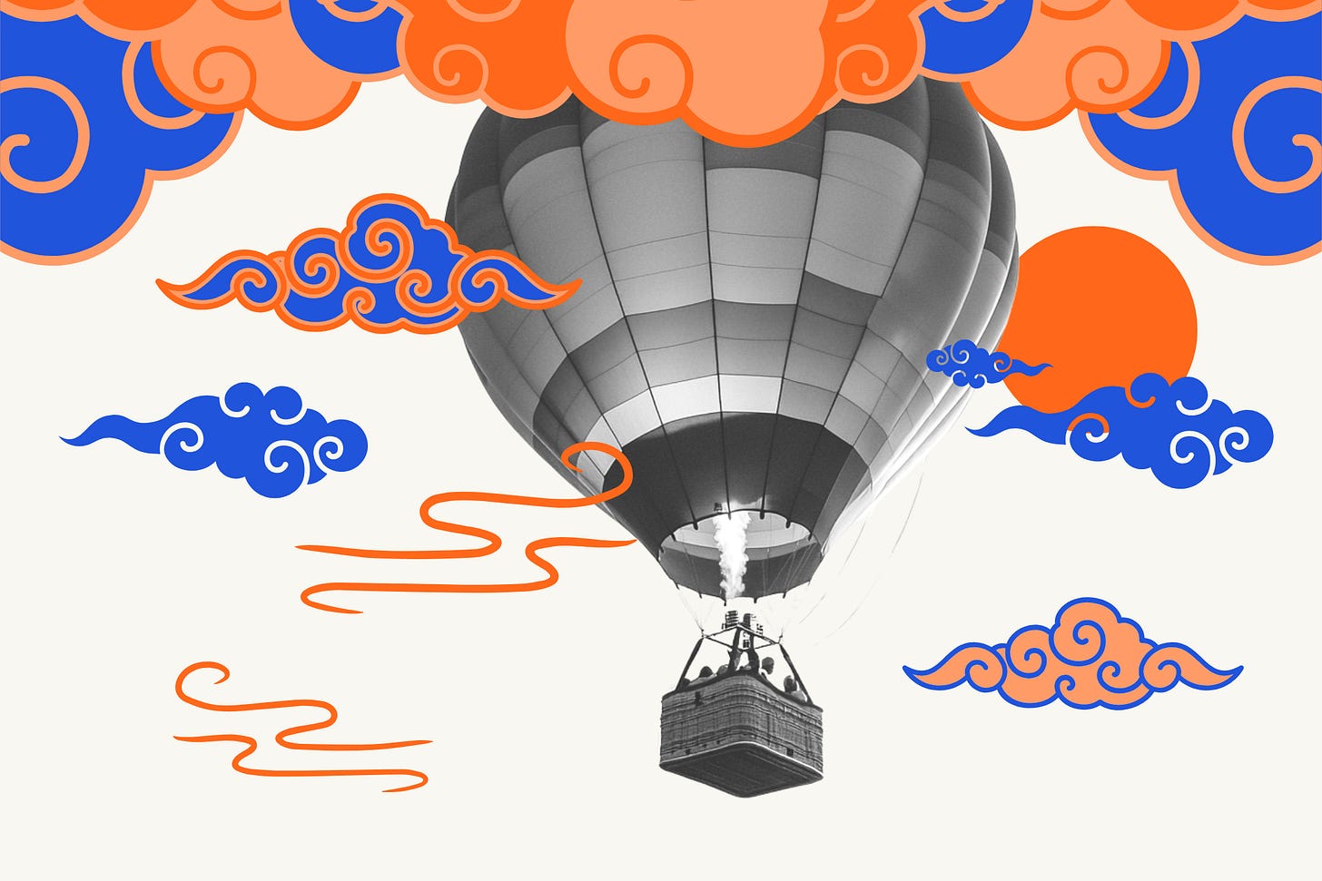 Black-and-white photo of a hot air balloon in mid-air, surrounded by vibrant orange and blue illustrated clouds and a stylized orange sun. The design blends realism with whimsical, hand-drawn elements, evoking a sense of exploration and creative elevation.