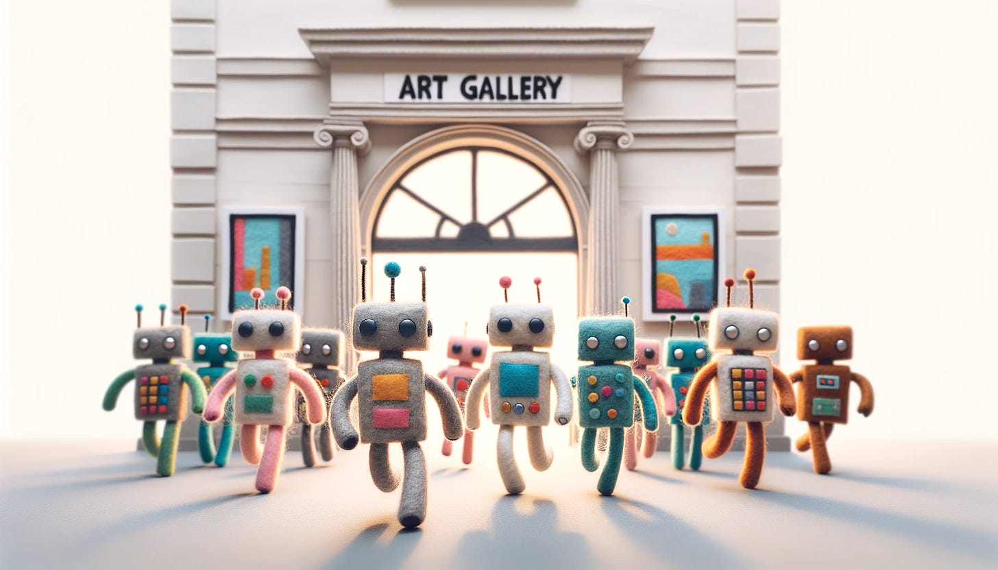 An AI-generated image of fuzzy felt robots running away from an Art Gallery.