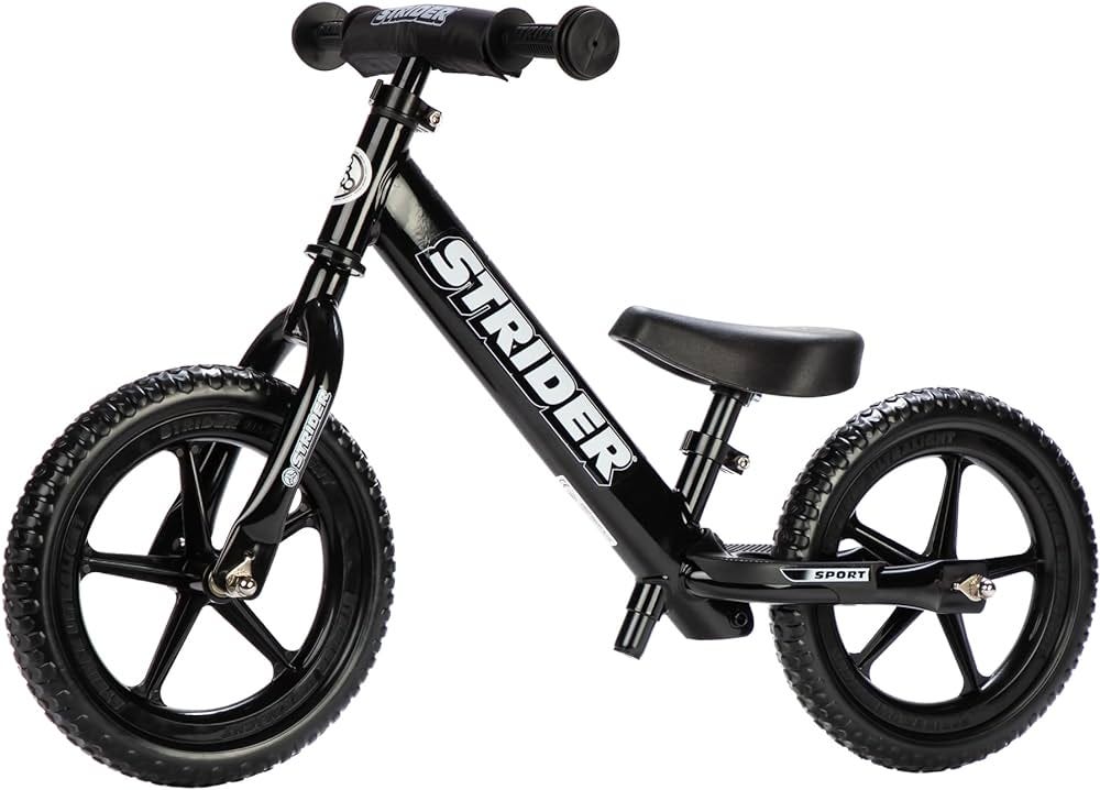 Amazon.com: Strider 12” Sport Bike, Black - No Pedal Balance Bicycle for  Kids 18 Months to 5 Years - Includes Safety Pad, Padded Seat, Mini Grips &  Flat-Free Tires - Tool-Free Assembly