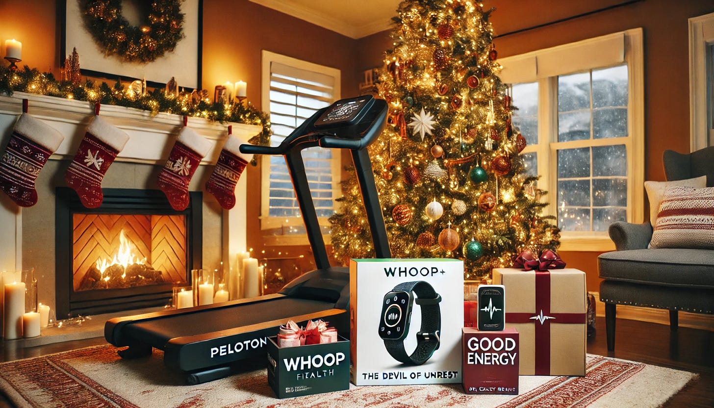 A beautifully decorated Christmas tree in a cozy living room with glowing lights and ornaments. Next to the tree is a Peloton+ Treadmill. Underneath the tree are gifts including a WHOOP fitness tracker in its packaging, a book titled 'The Devil of Unrest' by Erik Larson, a box labeled 'Function Health' with a sleek design, and another book titled 'Good Energy' by Dr. Casey Means. The room is warm and festive with stockings hung on the mantel and soft snow visible through the window.