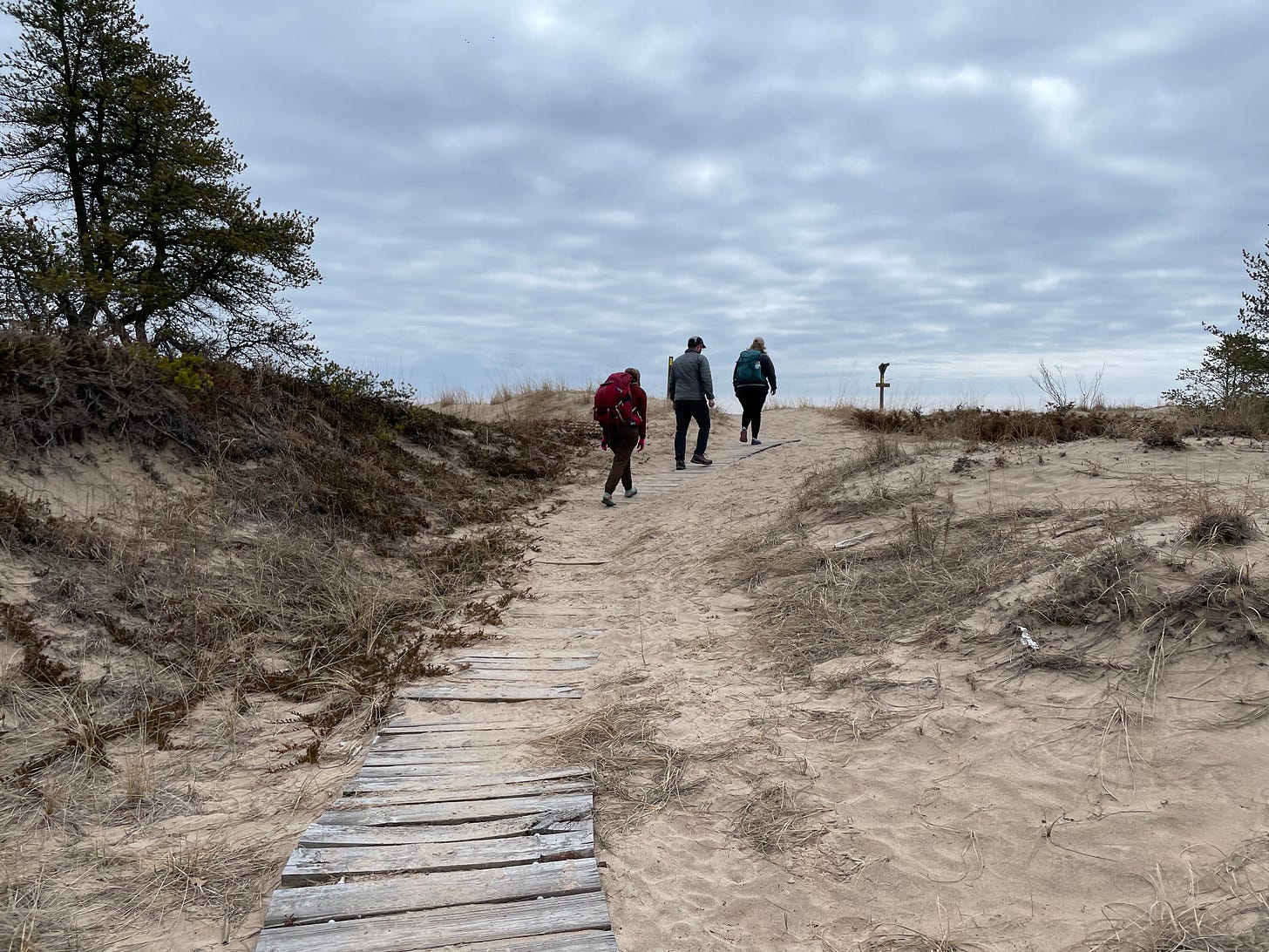 Three hikers are walking up a sand dune on a boardwalk.