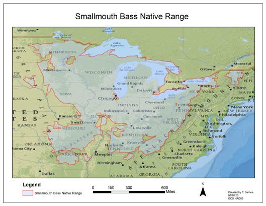 Map of Smallmouth Bass native range in the United States.