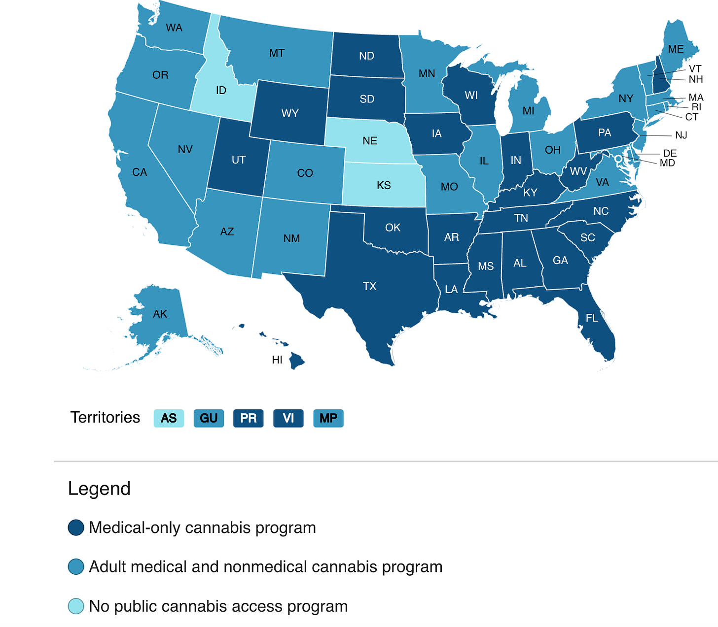 Map of the U.S., showing various states in various shades of blue that represent which ones allow adult use of cannabis for recreational and medical purposes.