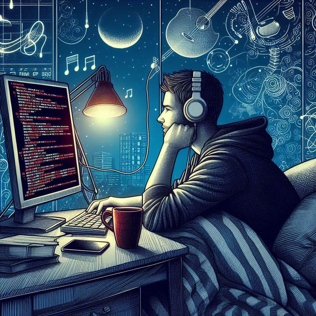 a drawing of a software developer listening to music late at night