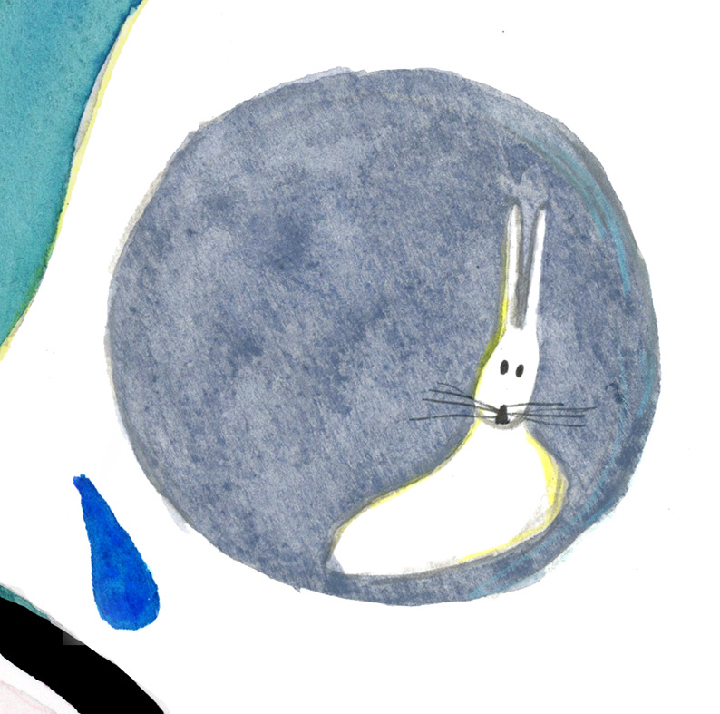Imagem em aquarela de um coelho dentro de uma esfera azul. Detalhe de uma obra maior. Ilustração criada pela autora.