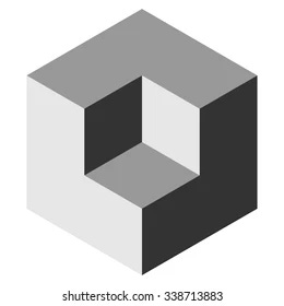 Two cube-like figures juxtaposed so that it looks like the smaller cube is either a chunk taken out of the bigger cube OR the larger cube is an empty room with a cube jutting out of the corner.