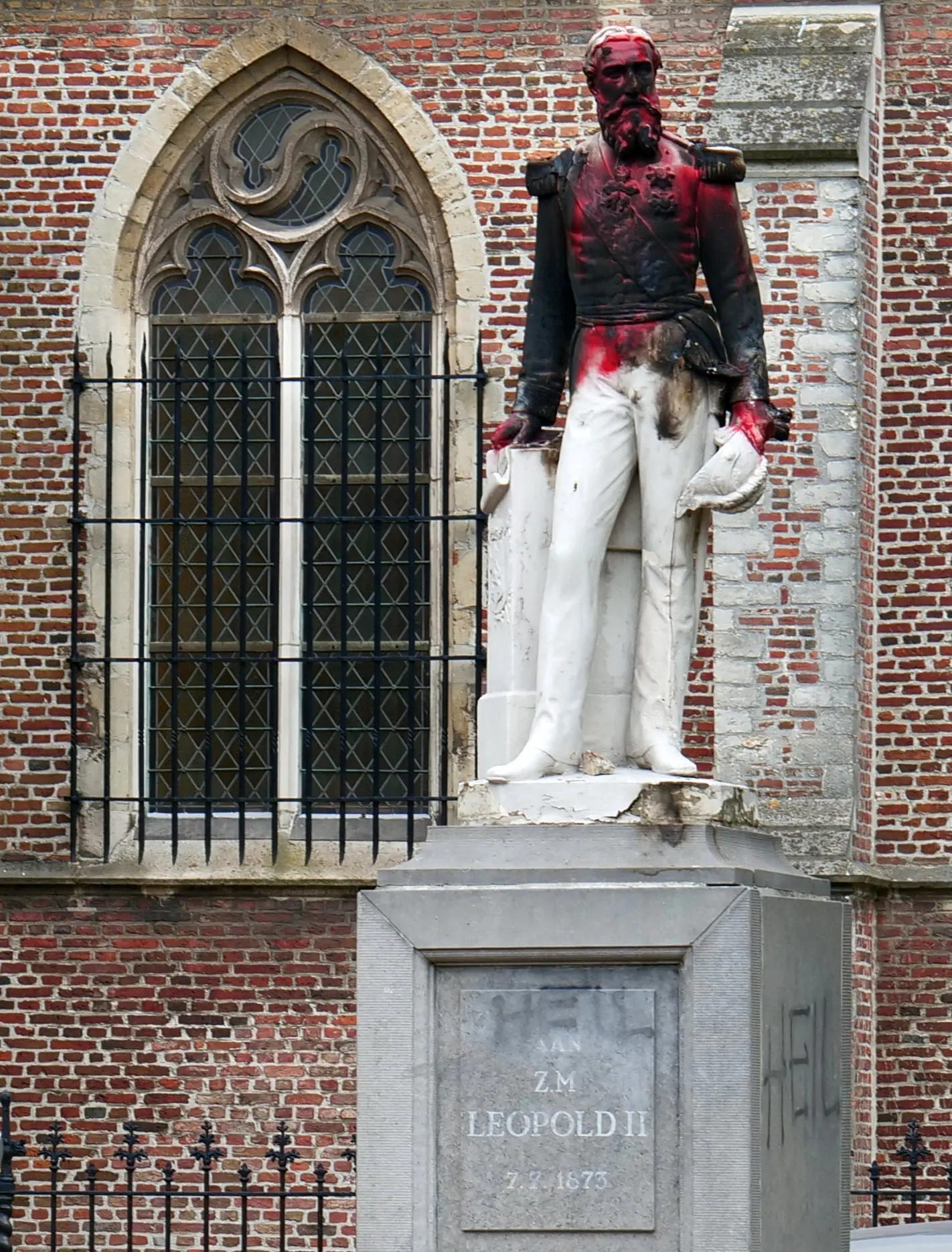 A damaged sculpture of the former Belgian King Leopold II in Antwerp, Belgium, on June 4.