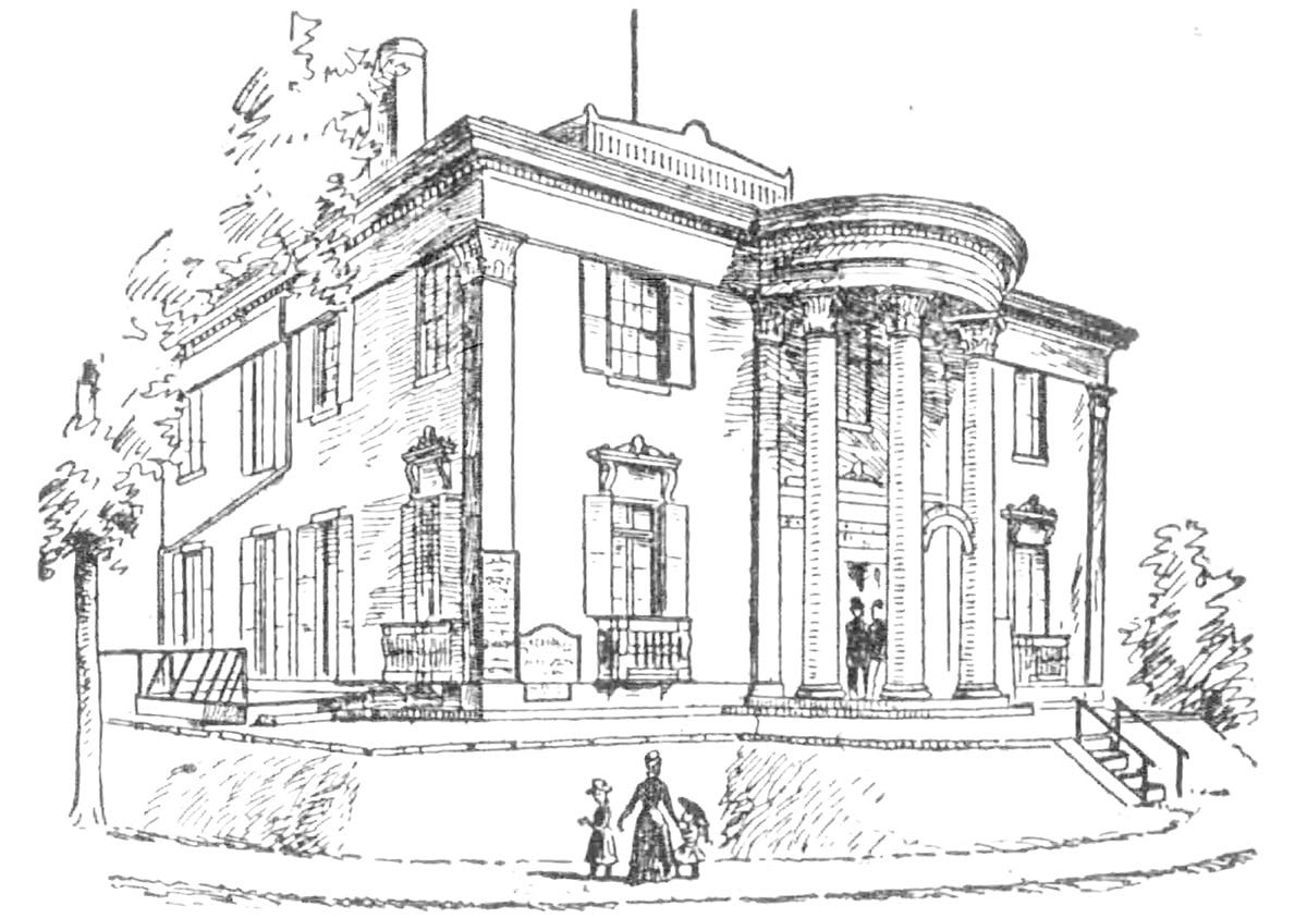 a black and white sketch of a building with a curved portico a black and white sketch of a building with a curved portico