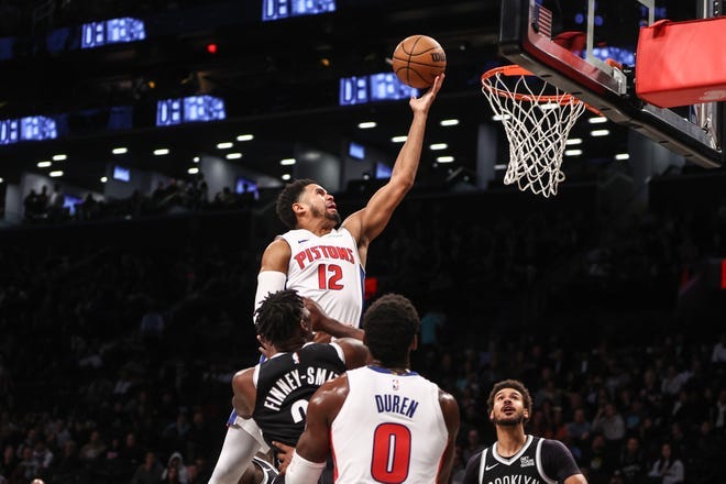 Detroit Pistons forward Tobias Harris drives to the basket in the first quarter against the Brooklyn Nets at Barclays Center, Nov. 3, 2024. Detroit Pistons forward Tobias Harris drives to the basket in the first quarter against the Brooklyn Nets at Barclays Center, Nov. 3, 2024.