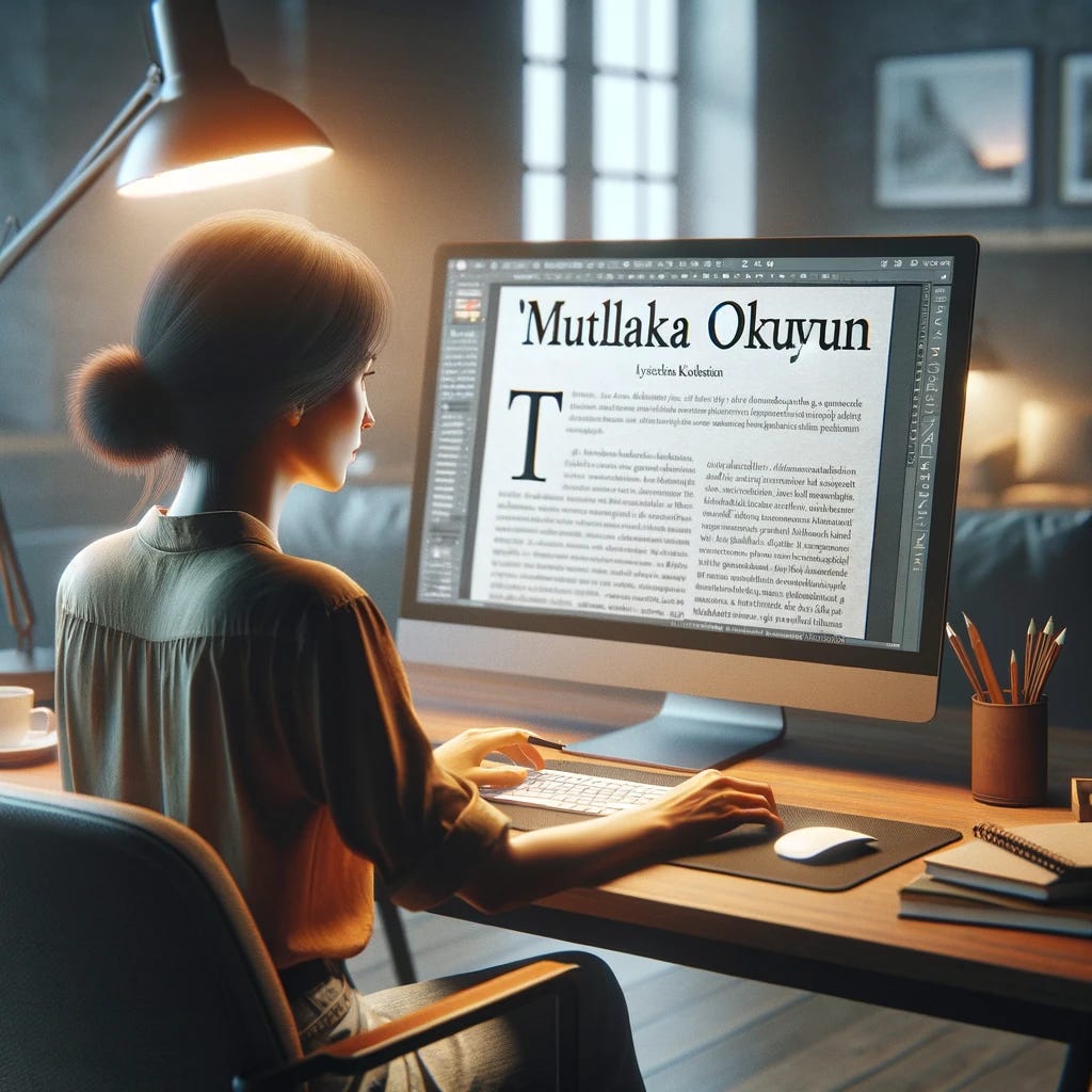 Create a photo-realistic image of a woman reading the 'Mutlaka Okuyun' article on a computer screen. The setting is a modern, well-lit home office, with the woman sitting at a desk facing the computer. She appears focused and engaged, reflecting the compelling nature of the article. The computer screen is visible, showing the title 'Mutlaka Okuyun' prominently at the top of the document or webpage she is viewing. The environment suggests a contemporary workspace, with minimalistic decor and perhaps a few personal items like a coffee mug or a plant nearby, adding a touch of warmth and personalization to the scene. This image encapsulates the modern reader's engagement with digital content, highlighting the importance and impact of the article she is reading.