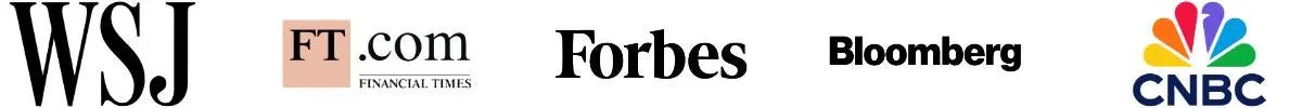 A horizontal row of five logos representing major financial and business news outlets: The Wall Street Journal (WSJ), Financial Times (FT.com), Forbes, Bloomberg, and CNBC. The CNBC logo stands out with its colorful peacock design, while the others are in black and white. The image conveys credibility and media recognition. A horizontal row of five logos representing major financial and business news outlets: The Wall Street Journal (WSJ), Financial Times (FT.com), Forbes, Bloomberg, and CNBC. The CNBC logo stands out with its colorful peacock design, while the others are in black and white. The image conveys credibility and media recognition.