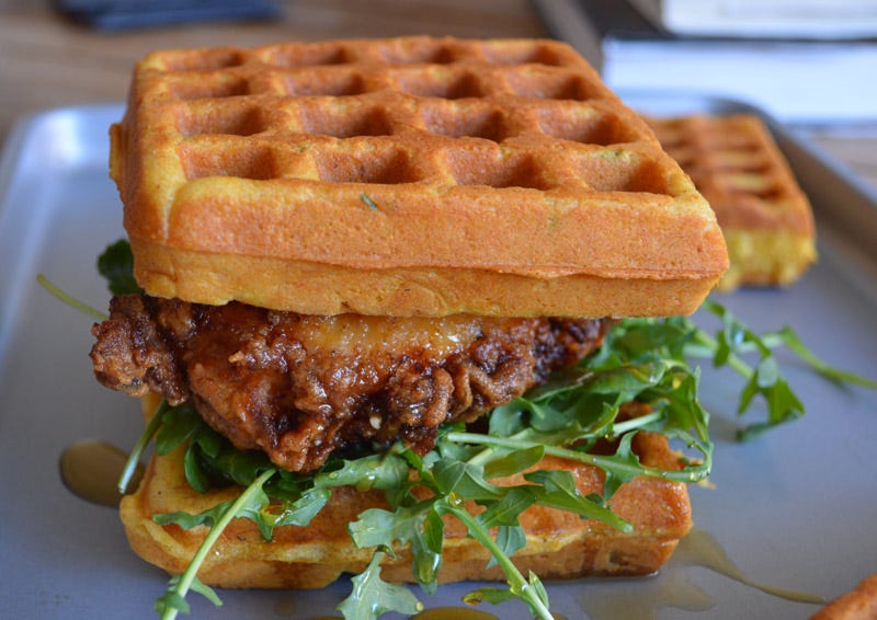 Sandwich #234-"Hungover Sunday" Fried Chicken and Cornbread Waffle Sandwich  - 300 Sandwiches300 Sandwiches