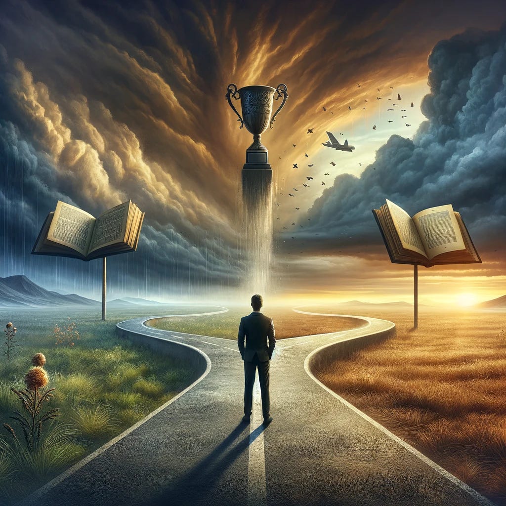 A powerful and inspiring image that visually represents the concept of turning a loss into a learning opportunity. The scene depicts a person standing at a crossroads in a vast, open landscape under a dramatic sky. The left path leads to a trophy, symbolizing victory, while the right path leads to an open book, symbolizing learning and knowledge. The person is depicted looking thoughtfully at both paths, embodying the decision to view every outcome as a chance for growth. The atmosphere is filled with a sense of hope and determination.