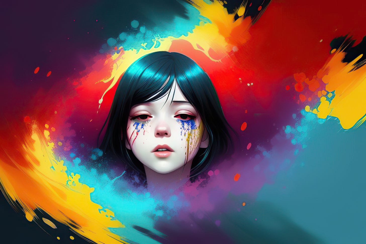 The head of a girl with turquoise hair emerges from a colorful swirl. She cries tears in the colors of the Russian and Ukrainian national flags.
