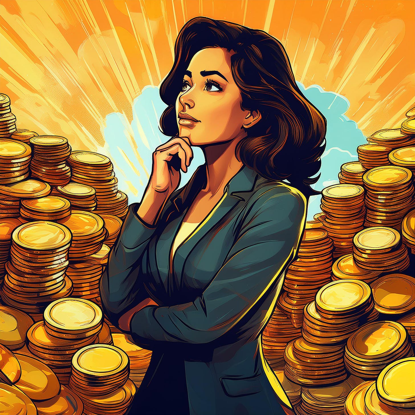 AI Artwork of a Businesswoman Thinking about How to Save Her Pile of Gold Coins